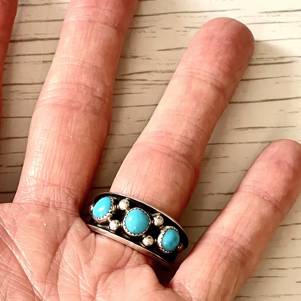 Navajo Turquoise Mens Band Sz 12 Three Stone Ring 12mm Sterling Dark Native 5g - Picture 2 of 5